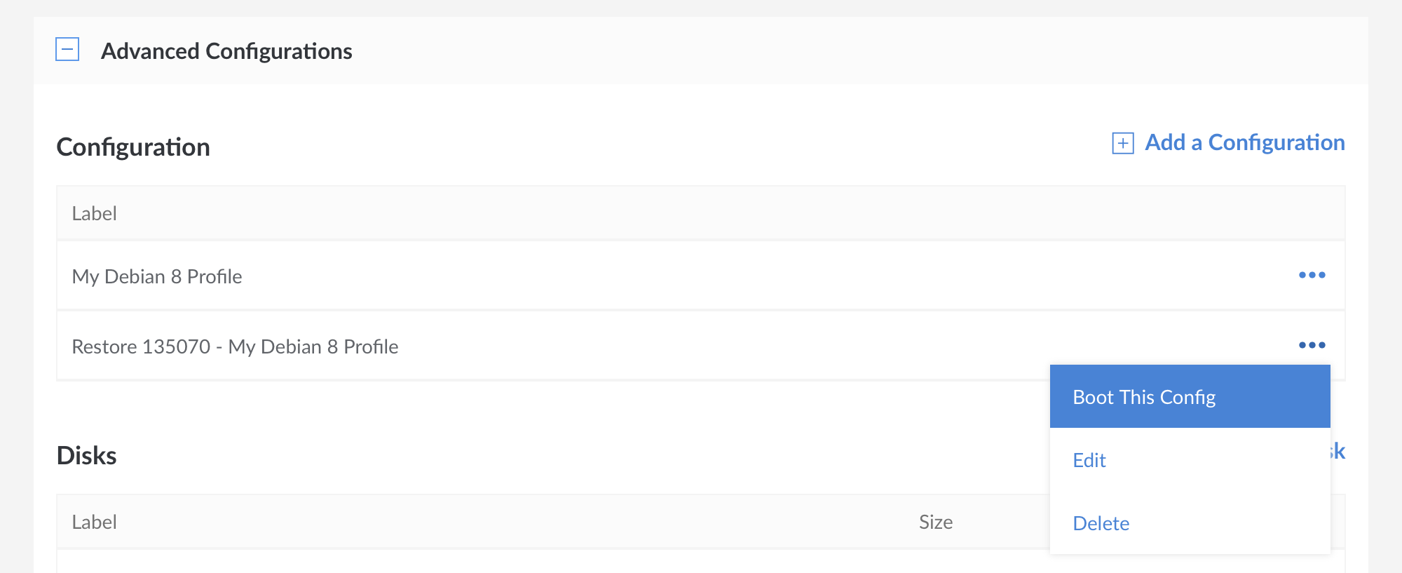 Navigate to the Advanced Configurations section of your Linode's Settings tab.