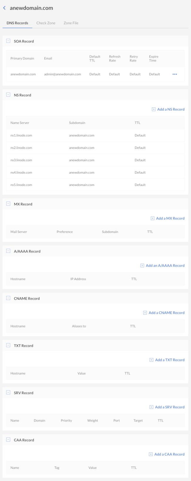 This page has seven sections showing seven different types of records: SOA, NS, MX, and A/AAAA, CNAME, TXT, and SRV. You can adjust the SOA record by clicking the "Settings" link in that section. The next six sections each have a corresponding link that lets you add a new record of that type. For example, to add an NS record, click the "Add a new NS record" link. There are similar links for MX, A, CNAME, TXT, and SRV records.